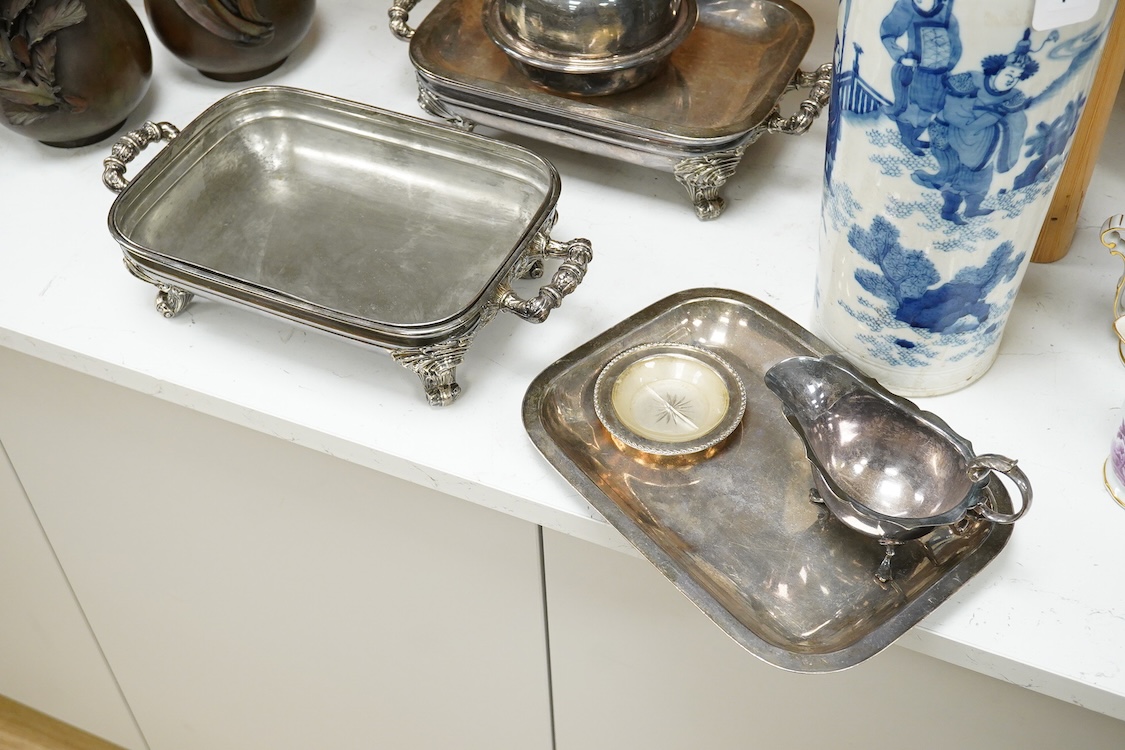 A pair of 19th century plated warming dishes- 36cm wide, a jug, a small plate and dish and cover, (5).